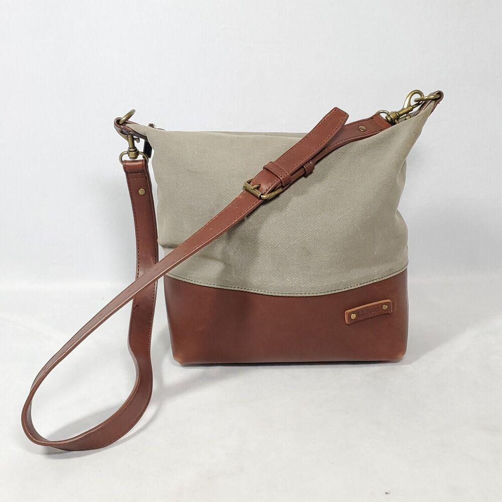 L.L. Bean Waxed Canvas Crossbody Bag Green Brown Leather Adjustable Strap Purse
